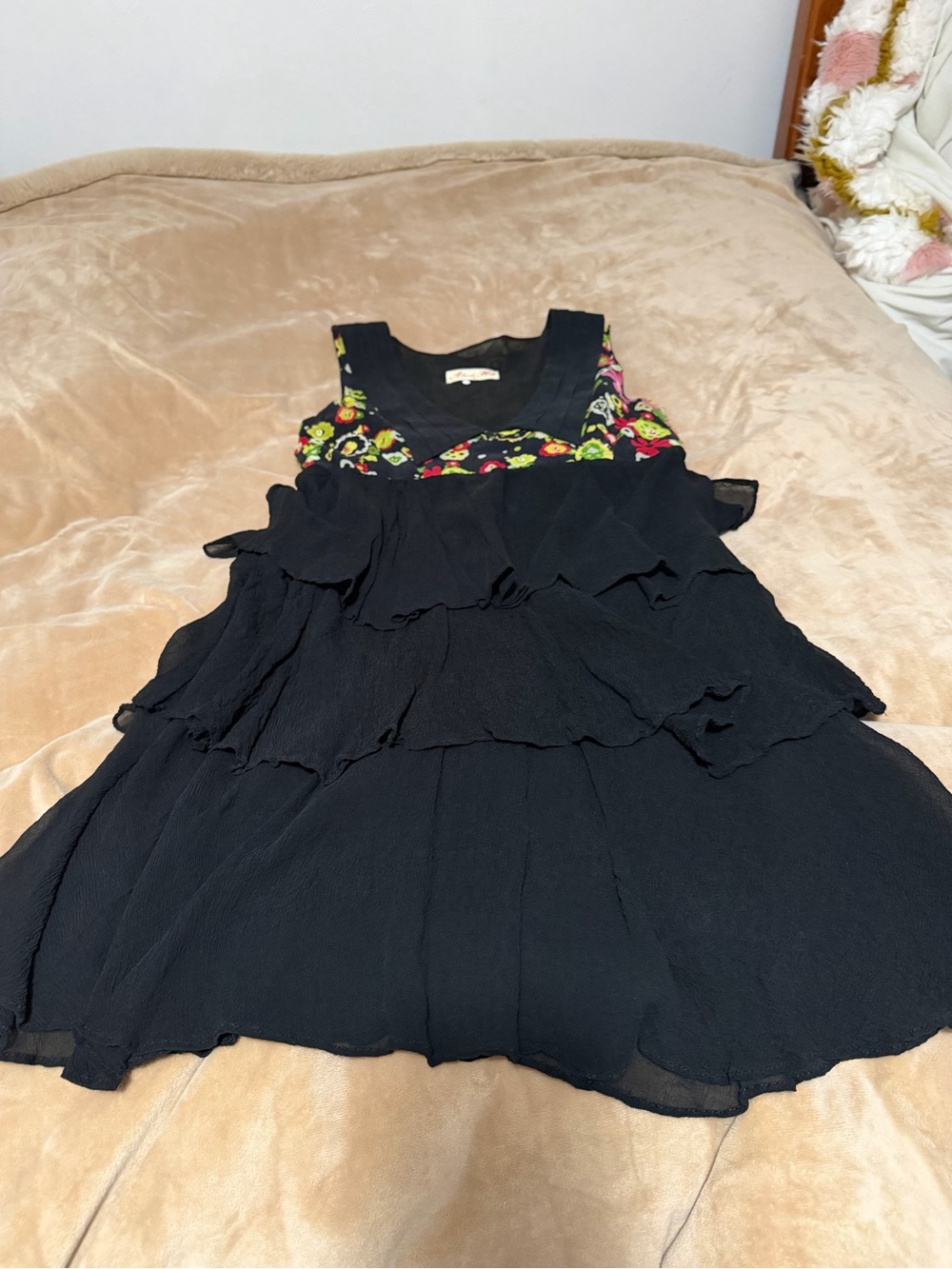 Allanah Hill Euro Black Tiered Mini Dress with Floral Beading Uk 10 US 6